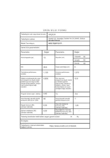 Arçelik 6433 13 Kişilik 3 Programlı Bulaşık Makinesi