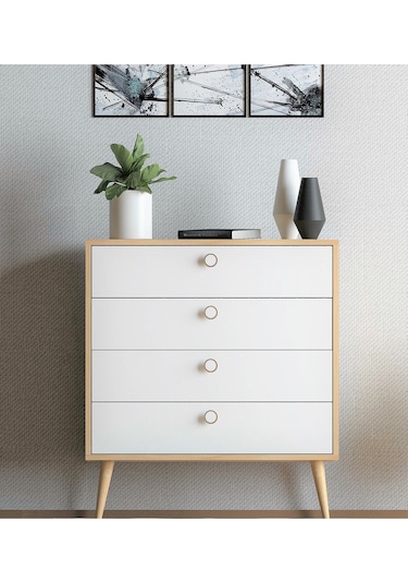 Floradesign Zen Şifonyer / Çok Amaçlı Dolap/ Çekmeceli Şifonyer / Kapaklı Şifonyer / 4 Çekmeceli Şifonyer 80cm Meşe/beyaz