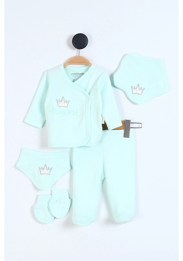 Prenses Desenli Müslin Kız Bebek Hastane Çıkışı Bebek Kıyafetleri Yenidoğan Hastane Çıkış Seti 5 Li Su Yeşili