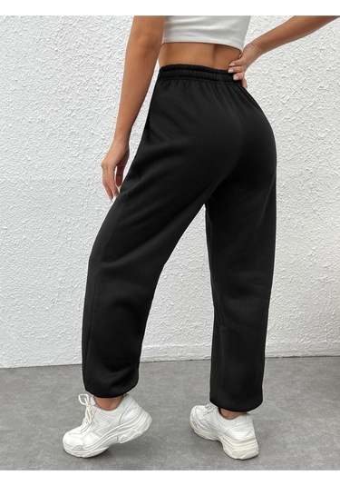 Feelings Jogger Eşofman Altı - Siyah Baskılı Lastik Paça Yüksek Bel Lastik Bel Siyah