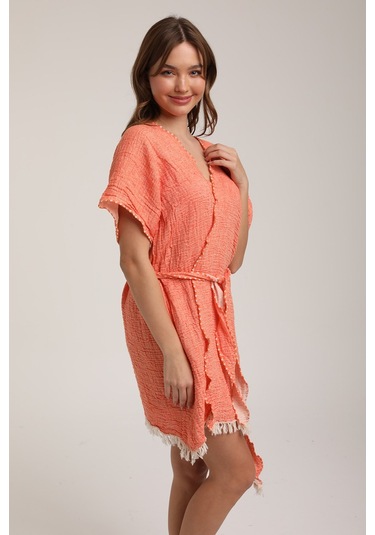 Life For Moda Kadın Kuşaklı Müslin Pareo Kimono P 80 Turuncu