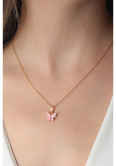 Gold Pembe Renk Kelebek Figür Kadın Kolye Renkli