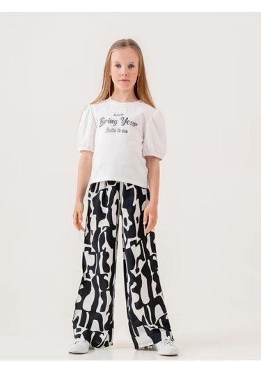 Kız Çocuk Pamuklu Desenli Pantolonlu Takım-15882 Beyaz