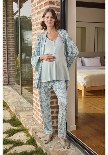 Monamise 24093 Hamile Lohusa Sabahlıklı Pijama Takım-yeşil