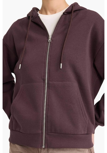 Defacto Relax Fit Kapüşonlu Basic Düz Kalın Fermuarlı Sweatshirt C1809ax25aubn340 Kahve-bn340
