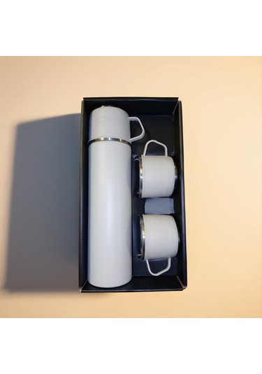 Paslanmaz Çelik 3 Bardaklı Matara Seti-500 Ml Krem