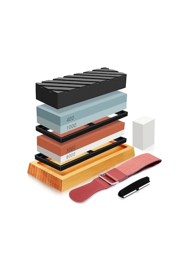 Valkyrie 7 Parça Profesyonel Bıçak Bileme Seti 4 Taraflı Biley Taşı 400 1000 3000 8000 1. Kalite Sulu Bileme 1. Kalite