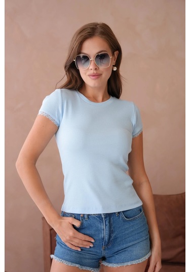 Dantel Detaylı Örme Body Bluz Mavi