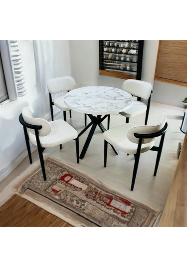 Yeliz Mutfak Masa Takımı 4 Kişilik Beyaz Mermer Desenli Yeliz002 Beyaz