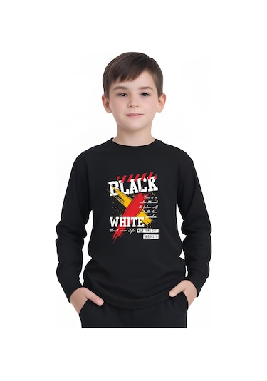 Black X White Baskılı Erkek Çocuk Yuvarlak Yaka Siyah Sweatshirt Siyah
