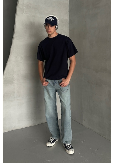 Hyman Erkek %100 Pamuk Oversize Basic T-shirt Lacivert