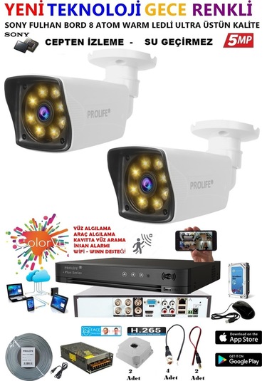 2 Kameralı Gece Renkli 8 Adet Warm Ledli Yeni Nesil 5 Mp Kuruluma Hazır Güvenlik Kamerası Seti