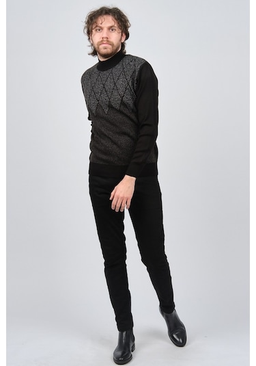 Ateş Triko Erkek Yarım Balıkçı Yaka Desenli Kazak 6091804 Siyah Siyah
