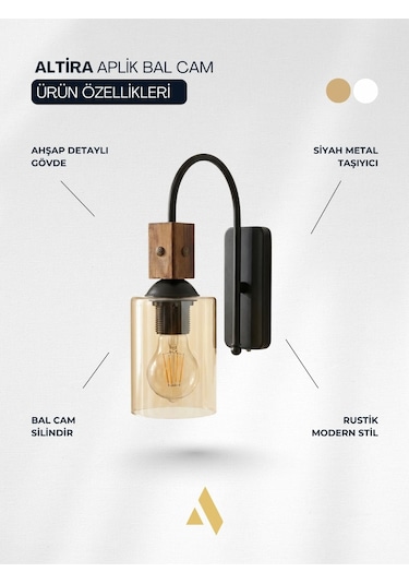Altira Ahşap Süslemeli Duvar Apliği Rustik Modern Stil, Opal Ve Bal Camlı Bal