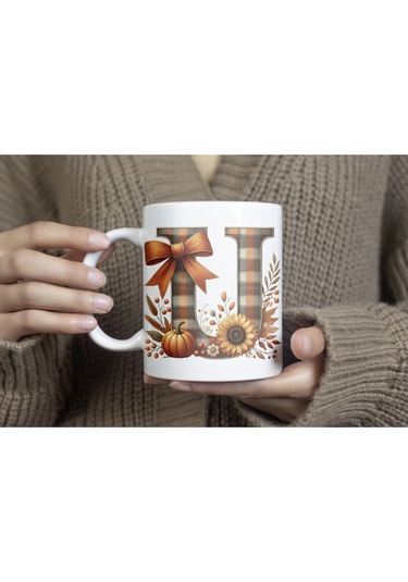 U Harfi Ekose Ve Sonbahar Temalı Kupa Bardak - Kişiye Özel Sıcak Tonlar Alfabe Kupa - Hediye Beyaz