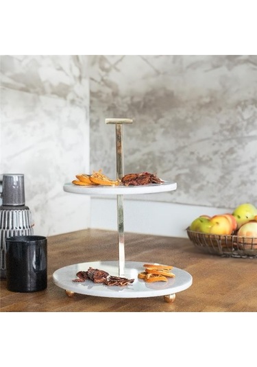 Akayev Mermer 25 Cm Beyaz Altın Boncuk Ayaklı İki Katlı Sunum Tabağı Beyaz