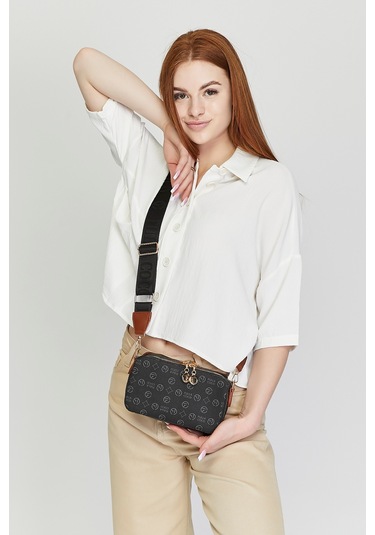 Morpelikan Siyah Monogram Kolon Askılı Kadın Omuz Çantası Siyah