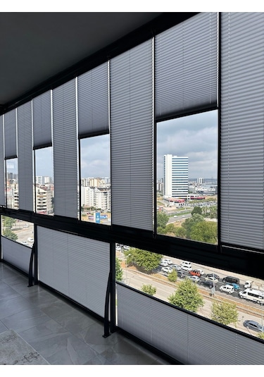 Blind-x Gri Plise Katlanır Cam Balkon Perdesi, Ofis Perdesi, Mutfak Perdesi, Salon Perdesi