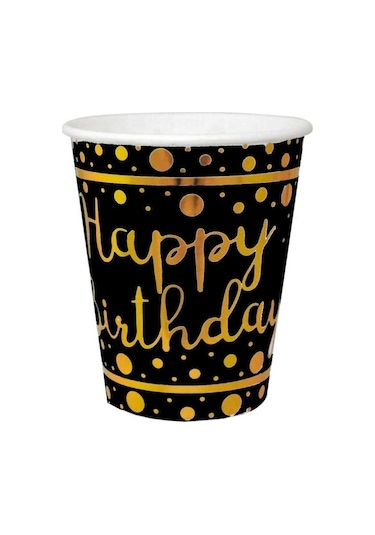 Gold Happy Bırthday Varak Baskılı Siyah Karton Bardak