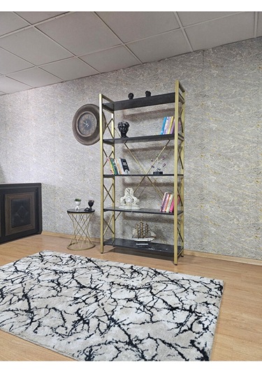 Gold Boyalı Kitaplık - 5 Raflı Suntalem Lüks Kitaplık Siyah Merme Çok Renkli