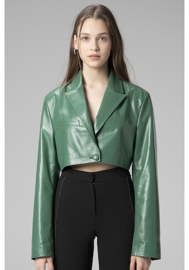 Yeşil Overlay Dericlub Wm034 Gerçek Deri Crop Blazer Kadın Ceket