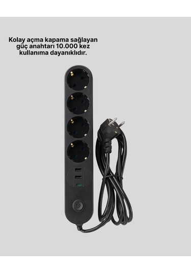 Ceylan Adam 4 Lü Çoklu Priz 2 Usb Type-c Girişli Akım Korumalı Siyah Standart