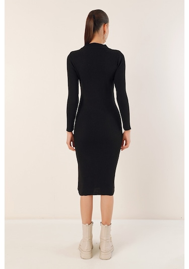 Bigdart 15828 Yırtmaçlı Triko Elbise - Siyah 001