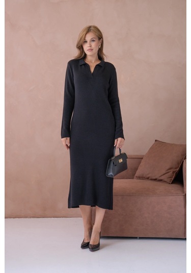 Kadın Polo Yaka Yamuşak Dokulu Maksi Boy Triko Elbise Siyah