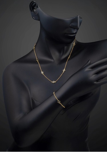 Bilezikci Oniks Taşlı Yonca 14 Ayar Altın Set Takımı