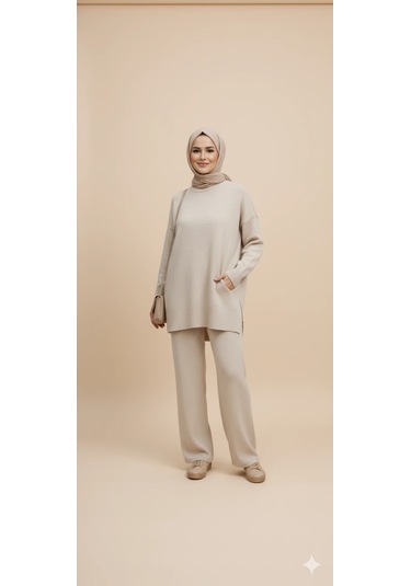 Triko Tunik Pantolon Tesettür Takım Taş