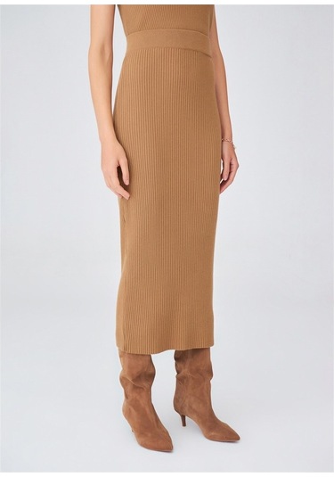 Peraluna Örgülü Kaşmir Karışımlı Kalem Kadın Triko Etek Camel