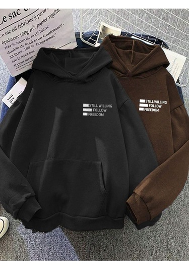 2'li Still Freedom Kalın Kışlık Sweatshirt - Siyah Kahverengi Baskılı Oversize Kapüşonlu Siyah Kahverengi