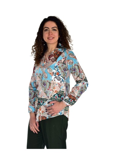 Kadın Saten Baskıkılı Desen Uzun Kol Gömlek Bgl-st04214 Yeşil