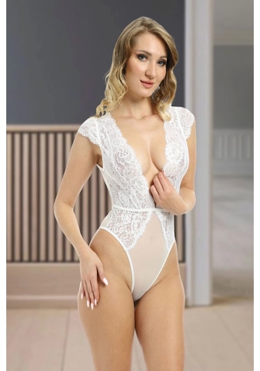 Xmldepot Beyaz Yarım Kol Dantel Bodysuit - 894 Beyaz