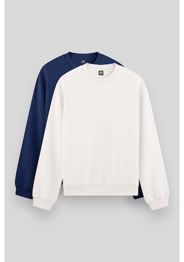 Standart Fit Basic O Yaka 2li Paket Ekru-parlament Erkek Sweatshirt - 88053 Ekru - Mavi