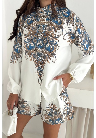 İthal Atlas Kumaş Bluz&şort Takım Beyaz