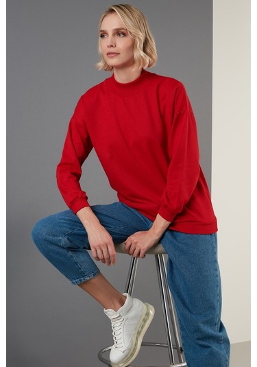Lela Pamuklu Dik Yaka Basic Örme Bayan Sweat 5863323 Kırmızı