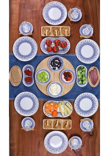 Bambum 49 Parça 6 Kişilik Lenny Porselen Kahvaltı Takımı - Lüx Kahvaltılık Sunum Seti Beyaz - Mavi