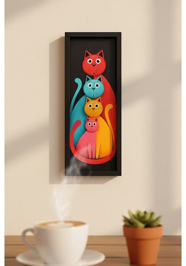Modern Renkli Kedi Tablosu 25x60 Cm Çerçeveli Minimal Duvar Dekoru
