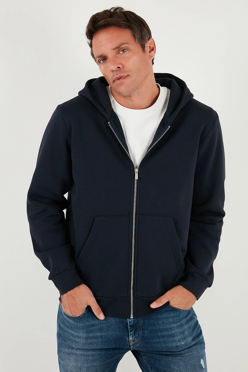 Buratti Regular Fit Kapüşonlu Fermuarlı Içi Tüylü Yumuşak Şardonlu Kışlık Erkek Sweat 5905340 Koyu Lacivert