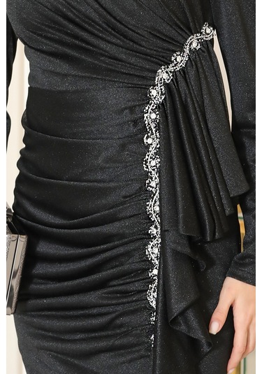 Parıltılı Fırfır Detaylı Zühre Tesettür Abiye Siyah