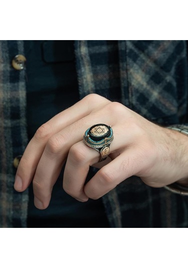 Alyans Evim  Mührü  Süleyman İşleme Sıkma Kehribar Taşlı 925 Gümüş Erkek Yüzük