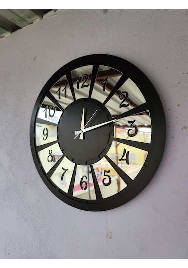 Siyah Renk Gümüş Sayılı Hediyelik Ahşap Dekoratif Farklı Desenli Ev Hediyelik Duvar Saati 50cm