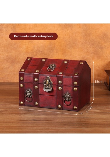 Vintage Kırmızı - Küçük Yüzyıl Kilidi Kilit Ve Şifreli Ev Şeklinde Ahşap Saklama Kutusu A
