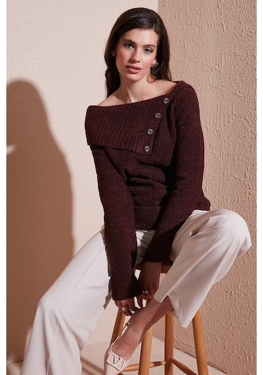 Lela Premium Regular Fit Kayık Yaka Düğme Detaylı Bayan Kazak 680Kz002563 Bordo