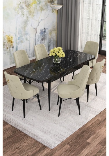 Mona Siyah Mermer Desen 80x132 Açılabilir Mdf Masa Yemek Odası Takımı, Mutfak Takımı 6 Adet Sandalye Siyah Mermer - 6 Krem - Siyah Ayak Mona Siyah Mermer Desen 80x132 Açılabilir Mdf Masa Yemek Odası Takımı, Mutfak Takımı 6 Adet Sandalye Siyah Mermer - 6 Krem - Siyah Ayak