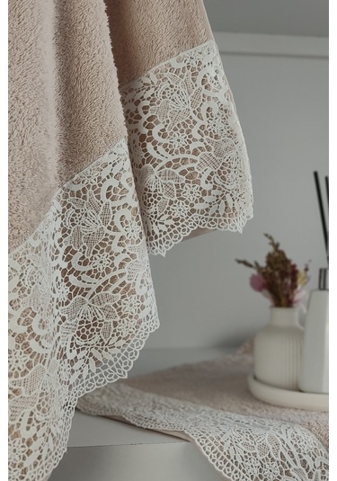 Gipür Dantelli Banyo Havlusu Takımı-%100 Pamuk Banyo Seti-gelin Havlusu Pudra Pudra