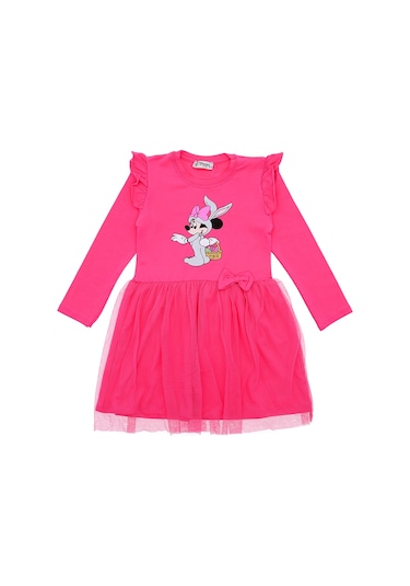 Kız Çocuk Elbise Taşlı Baskılı Fuşya