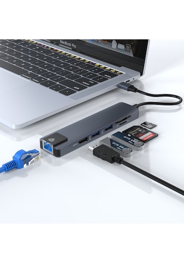 Smartgift 6 Port USB Hub Type C Ethernet/HDMI Adaptör USB 3.0 Çoklayıcı Çoğaltıcı Gri