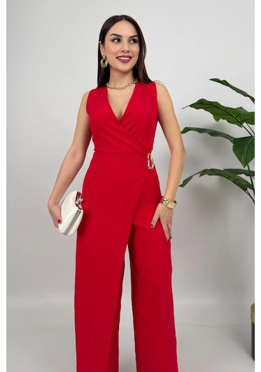 Crimson Icon Kadın Kemer Detaylı Askılı Bol Paça Kırmızı Tulum Rahat Şık Yazlık Kombin Kırmızı